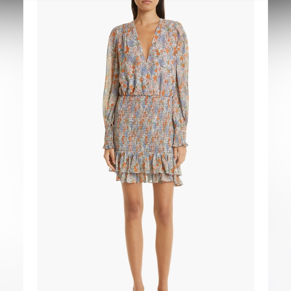 NWT $648 Veronica Beard Saera Floral Smocked Long Sleeve Silk Dress Size 00